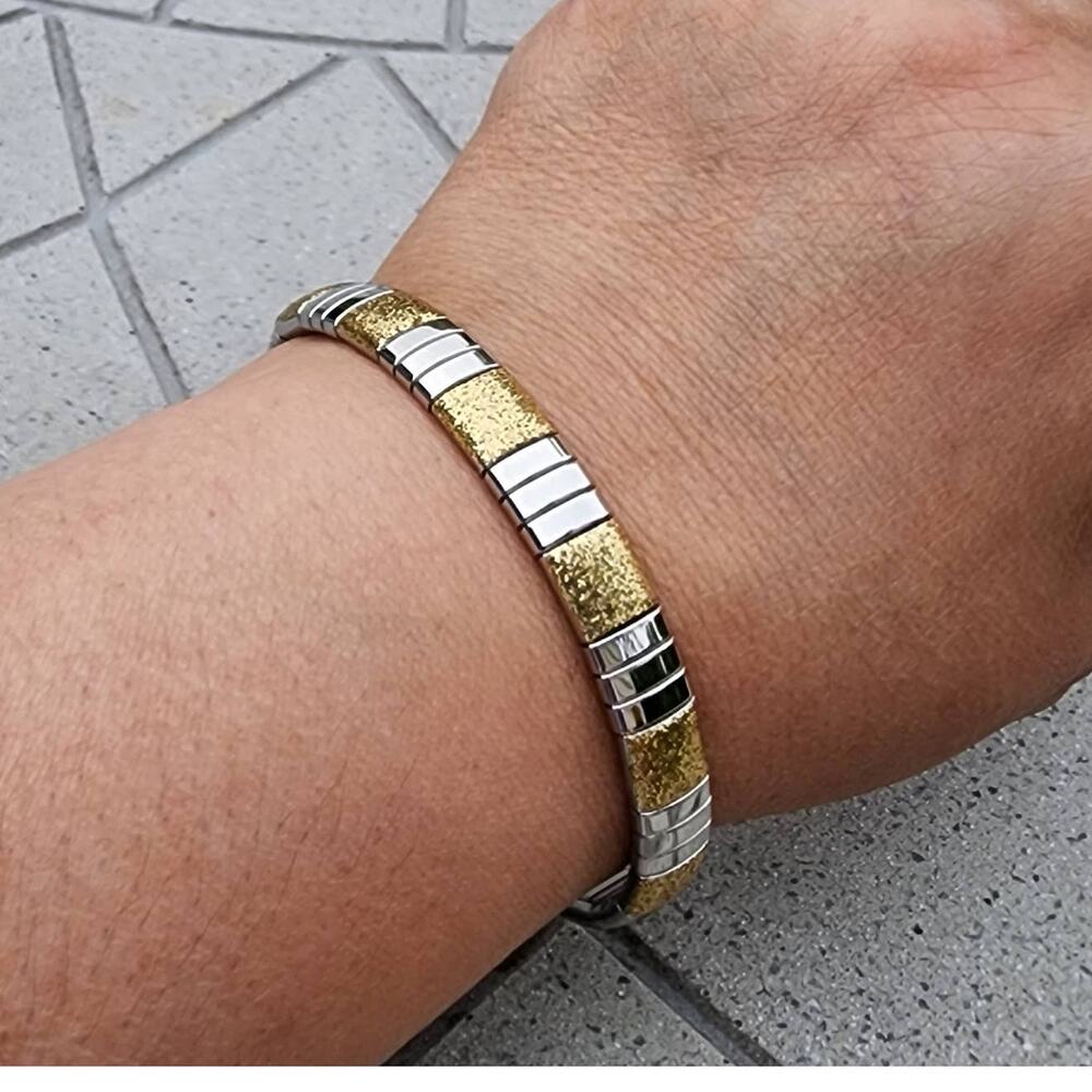 Milor Two Tone Polished Glitter Stainless Steel Stretchy Link Bracelet